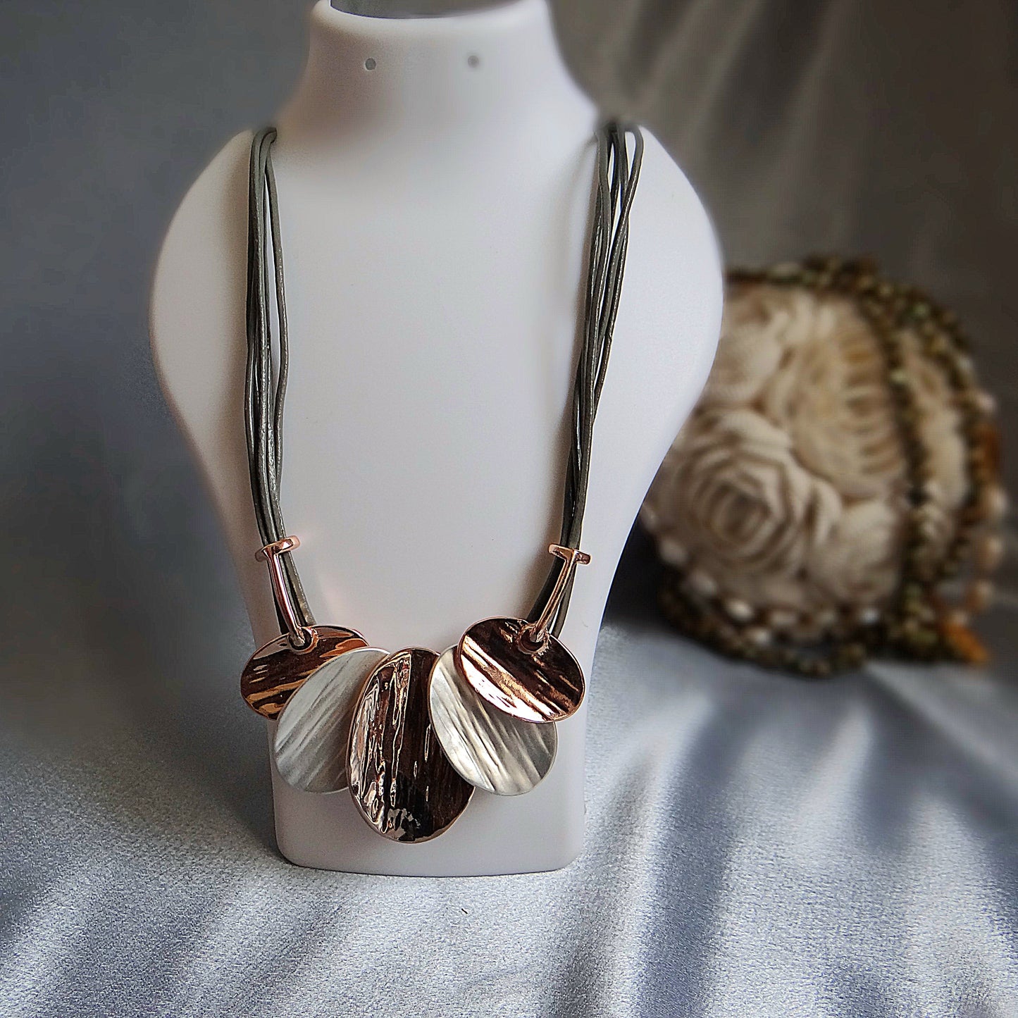 GAVI® Stainless Steel Tribal Á La Mode Necklace with Elliptic Silver Grey Leaves.