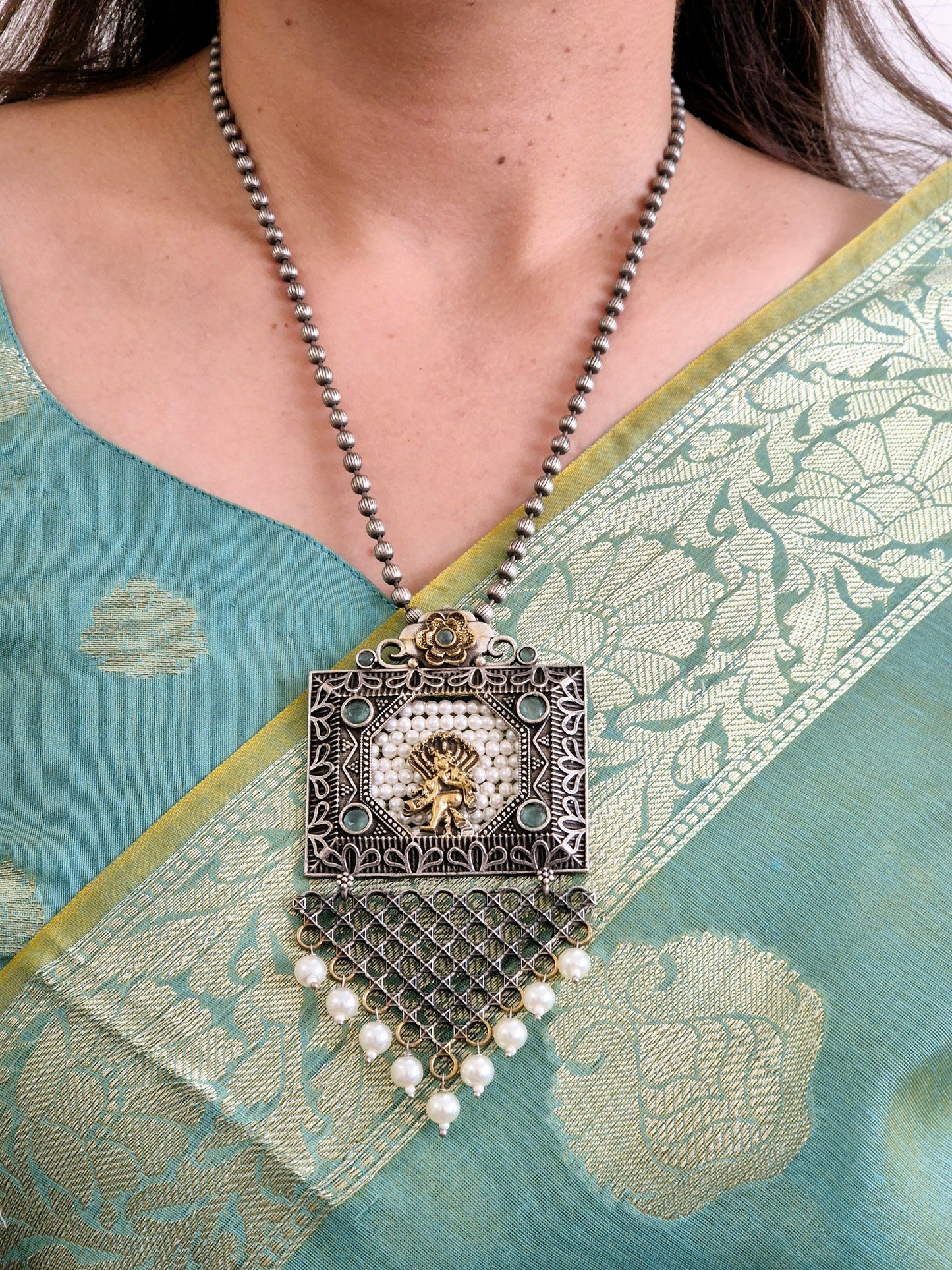 GAVI® Oxidised Necklace Set with Flower Drop Earrings.