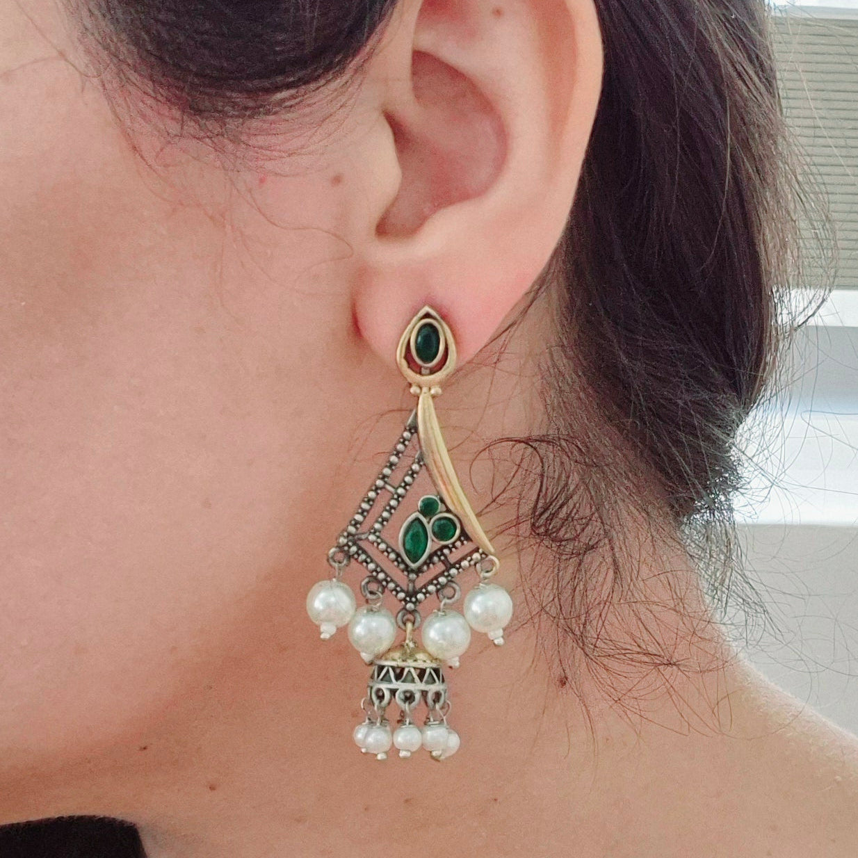 GAVI® Double tone with Green Onyx Stone Earrings.
