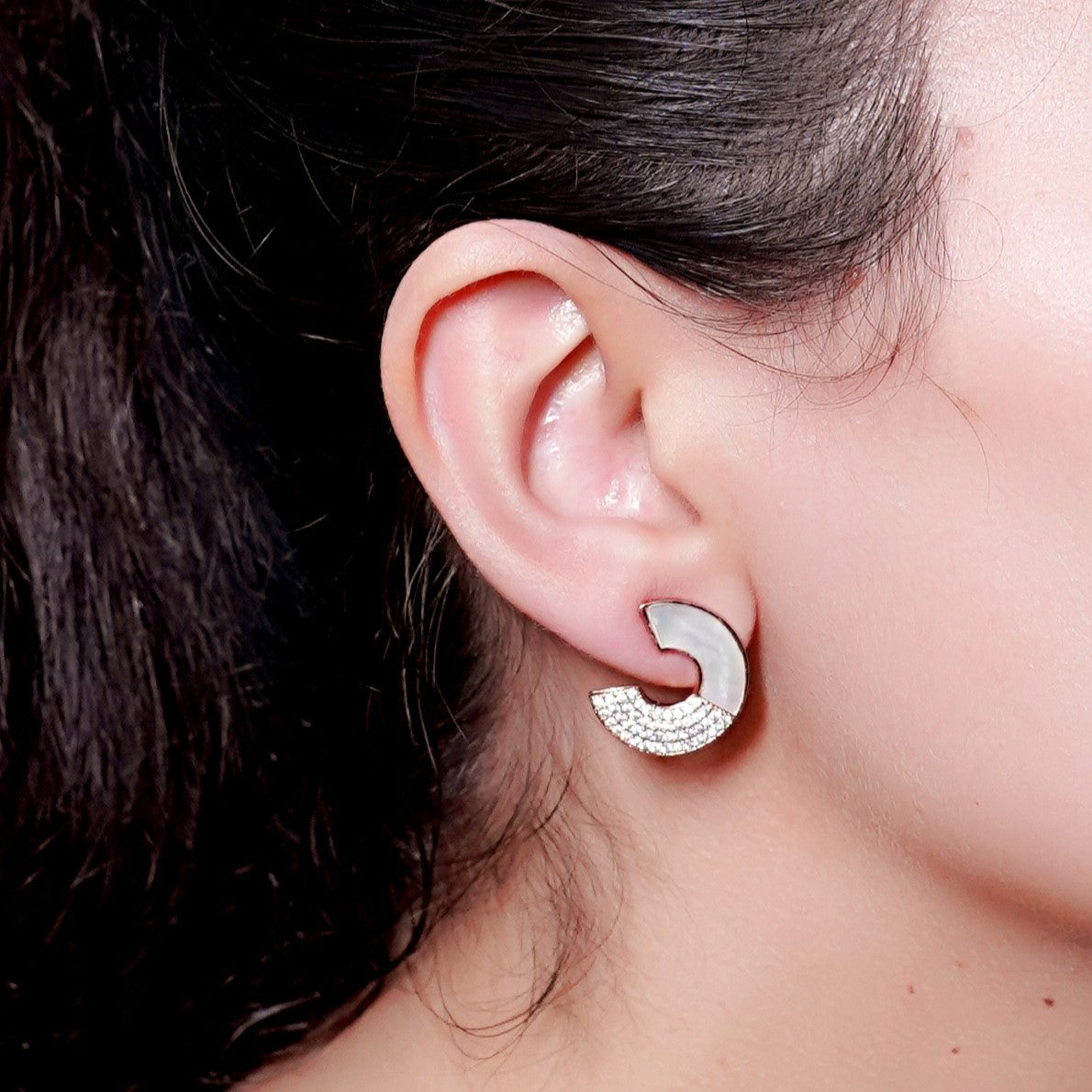 GAVI® Crescent Shape American Diamond and Mother Of Pearl Earrings.