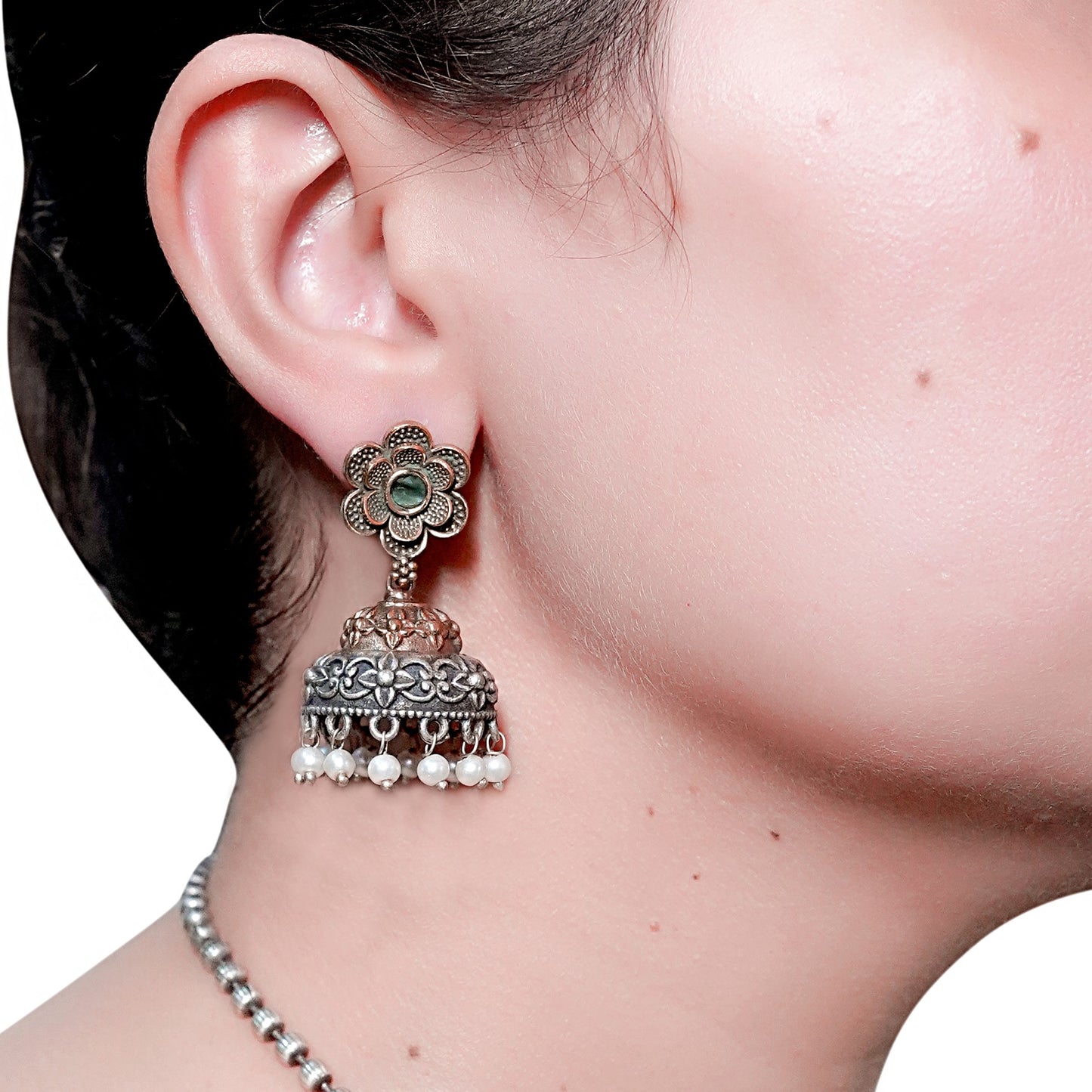 GAVI® Oxidised Necklace Set with Flower Drop Earrings.