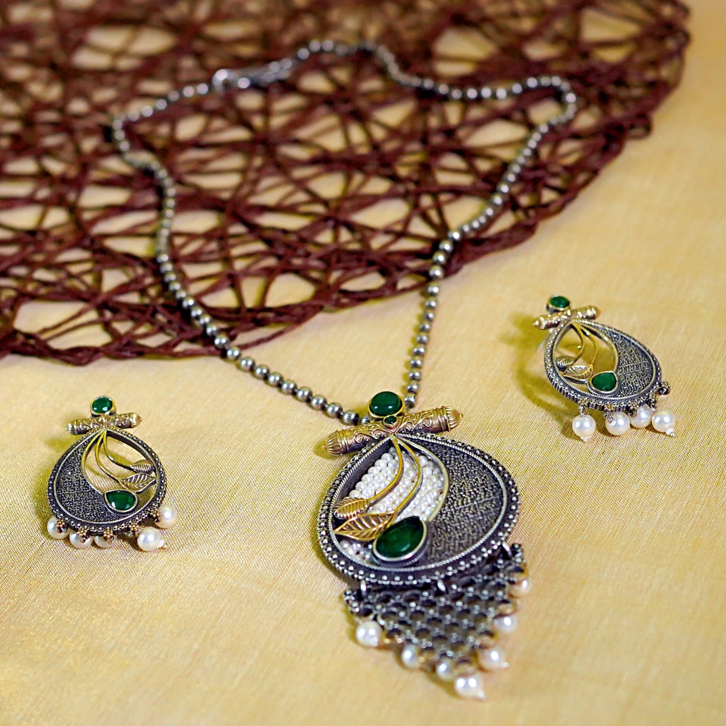 GAVI® Oxidised Mor Pankhi Necklace Set.