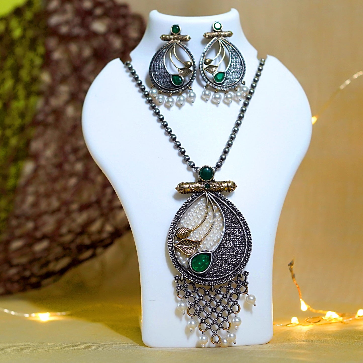 GAVI® Oxidised Mor Pankhi Necklace Set.