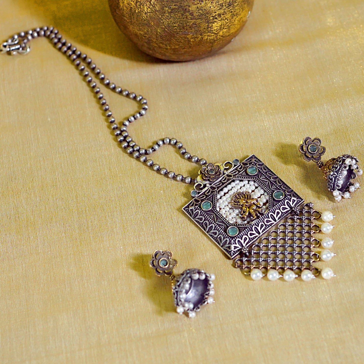 GAVI® Oxidised Necklace Set with Flower Drop Earrings.