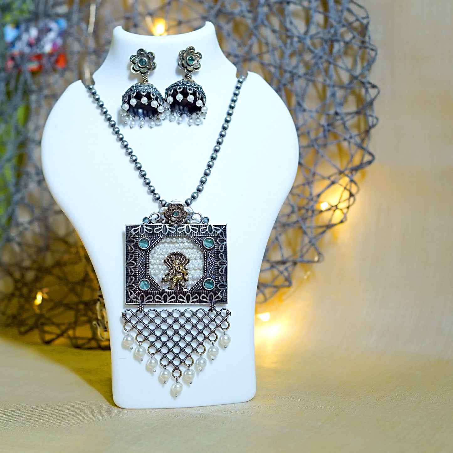GAVI® Oxidised Necklace Set with Flower Drop Earrings.