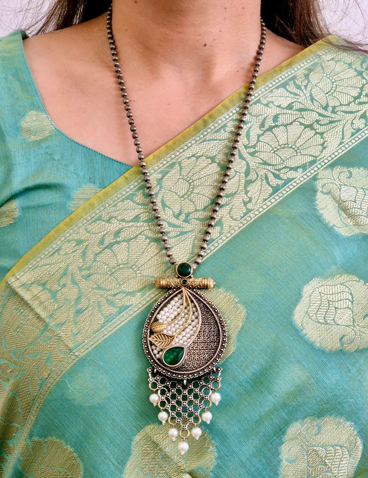 GAVI® Oxidised Mor Pankhi Necklace Set.