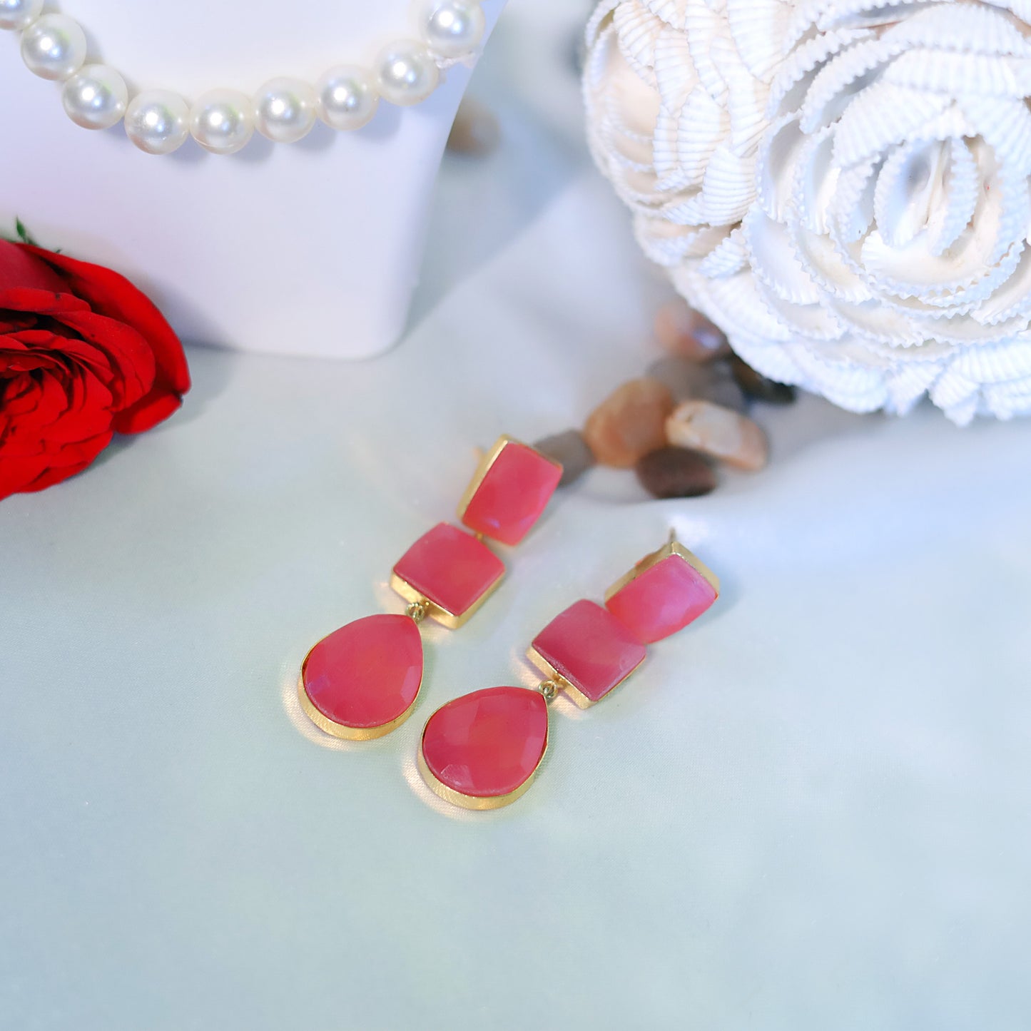 GAVI® Three-layer Gold-plated danglers with Vivid Pink Stones to put a Spring in your Step.