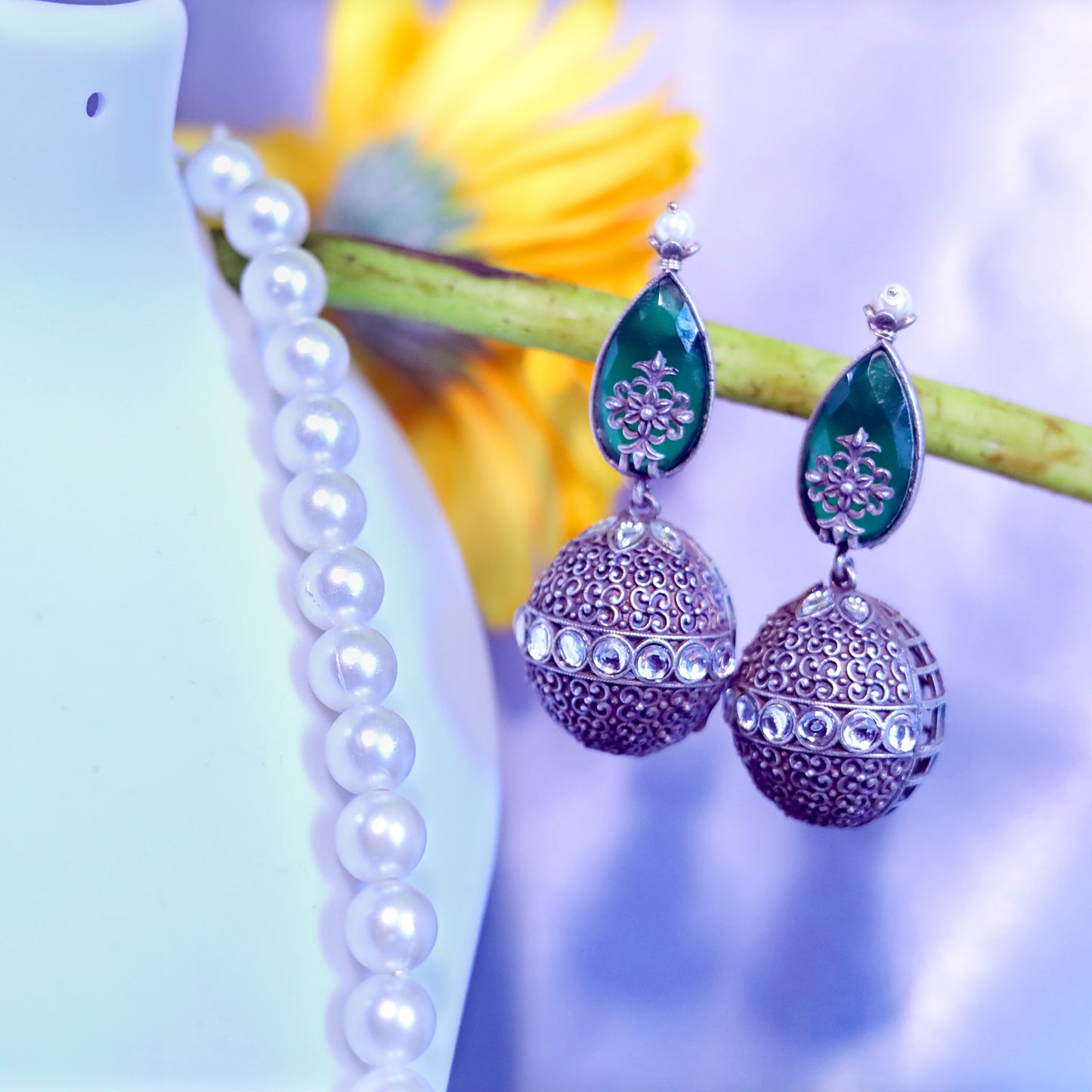 GAVI® Oxidised Tear Drop Earrings with Quirky Spherical Jhumkis.