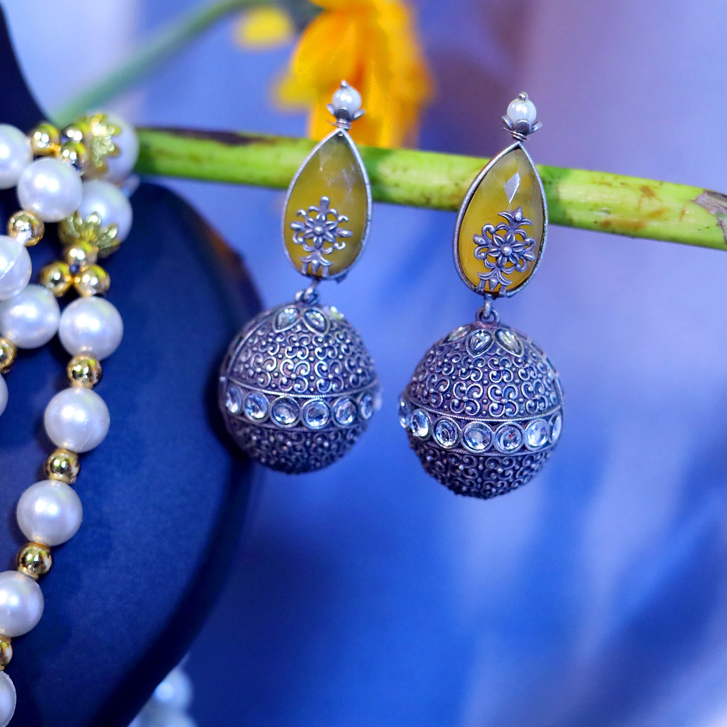 GAVI® Oxidised Tear Drop Earrings with Quirky Spherical Jhumkis.