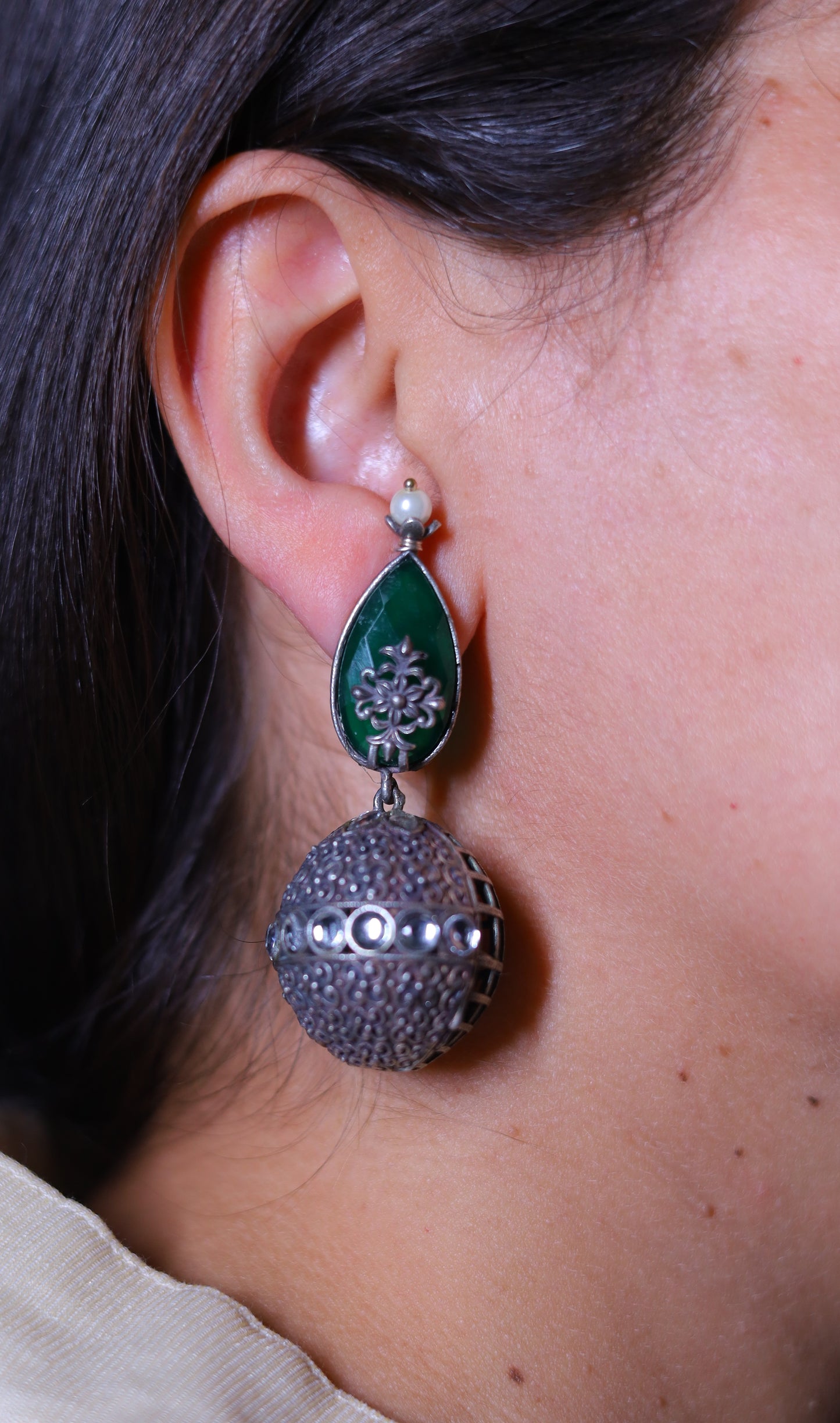GAVI® Oxidised Tear Drop Earrings with Quirky Spherical Jhumkis.
