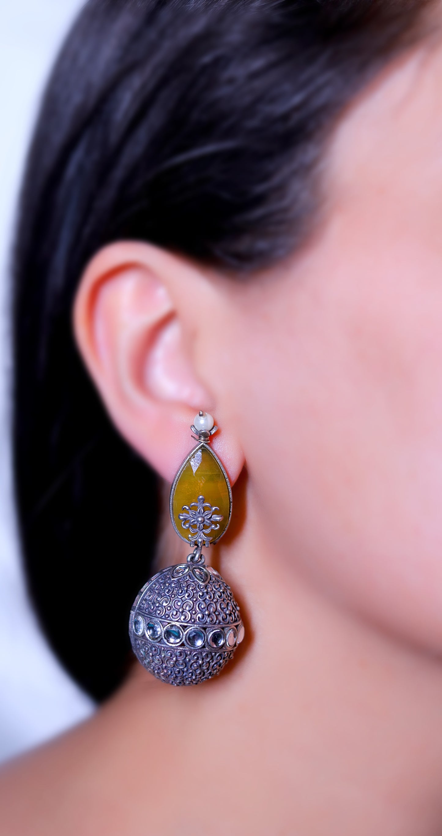 GAVI® Oxidised Tear Drop Earrings with Quirky Spherical Jhumkis.