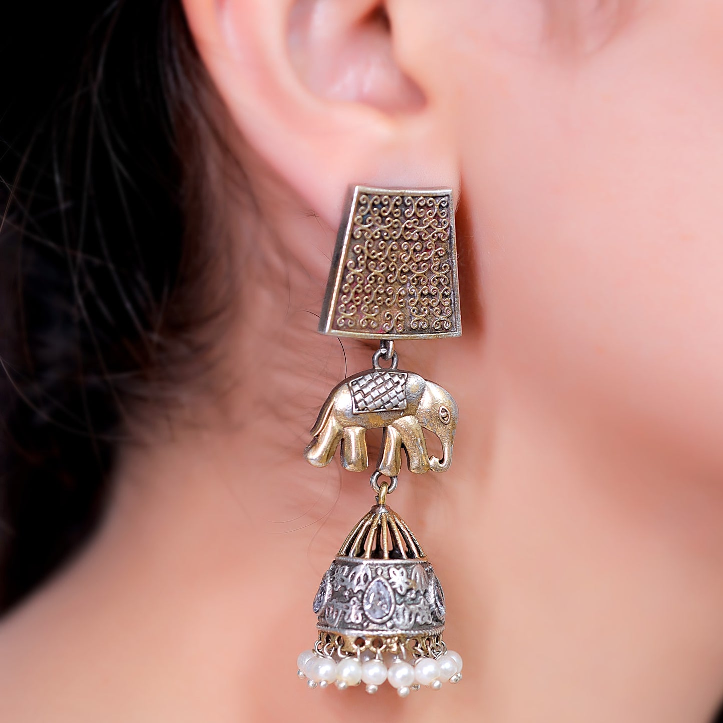 GAVI® Aesthetic Oxidised elephant Jhumkis for an Ethnic Banjara feel.