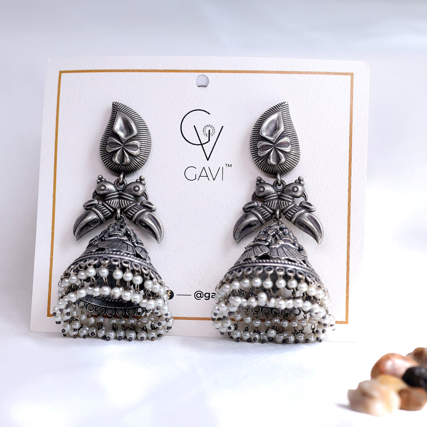 GAVI® 'Pair-Of-Peacocks' Large Oxidised Folk Dance Earrings.