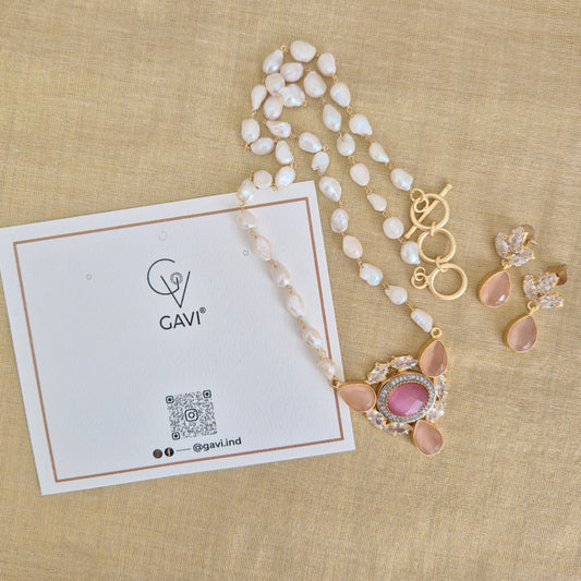 GAVI® Handcrafted Freshwater Pearl Necklace with Blush Pink Stone Pendant