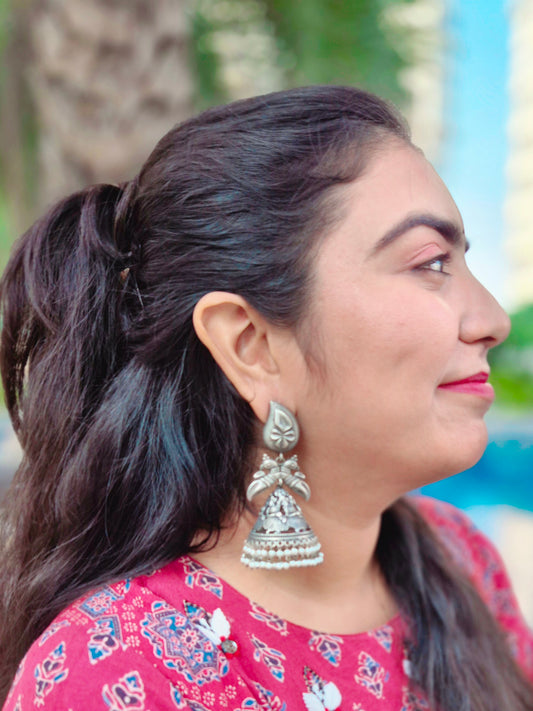 GAVI® 'Pair-Of-Peacocks' Large Oxidized Folk Dance Earrings