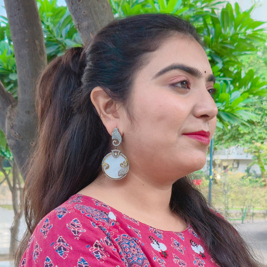 GAVI® Textured White Stone and Alloy Double Tone Dangler earrings with Nano Set American Diamonds for that Chic ethnic look