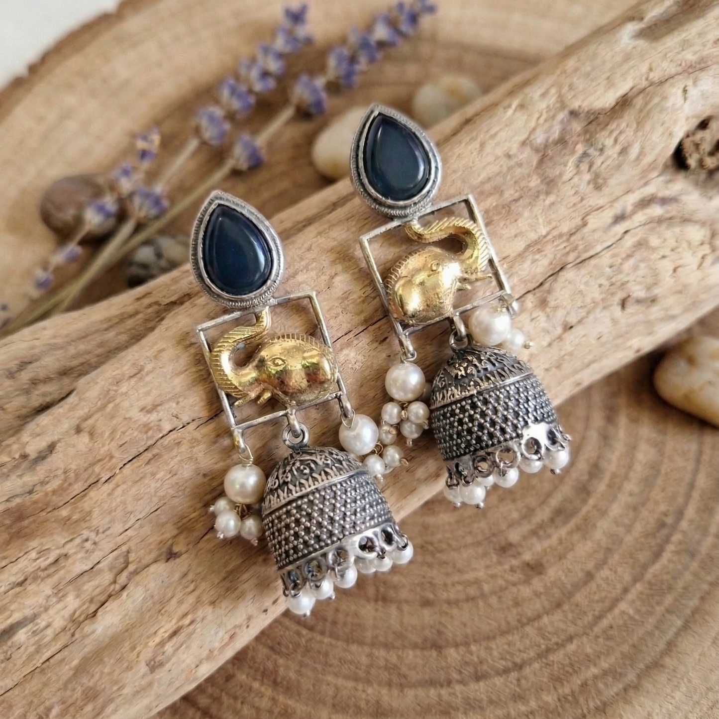 GAVI® Elegant Dual-Tone Elephant Jhumkas in Oxidized Silver and Gold Finish