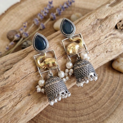 GAVI® Elegant Dual-Tone Elephant Jhumkas in Oxidized Silver and Gold Finish