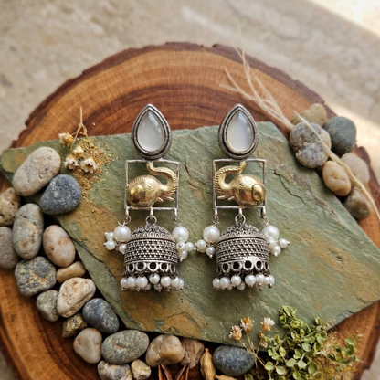 GAVI® Elegant Dual-Tone Elephant Jhumkas in Oxidized Silver and Gold Finish