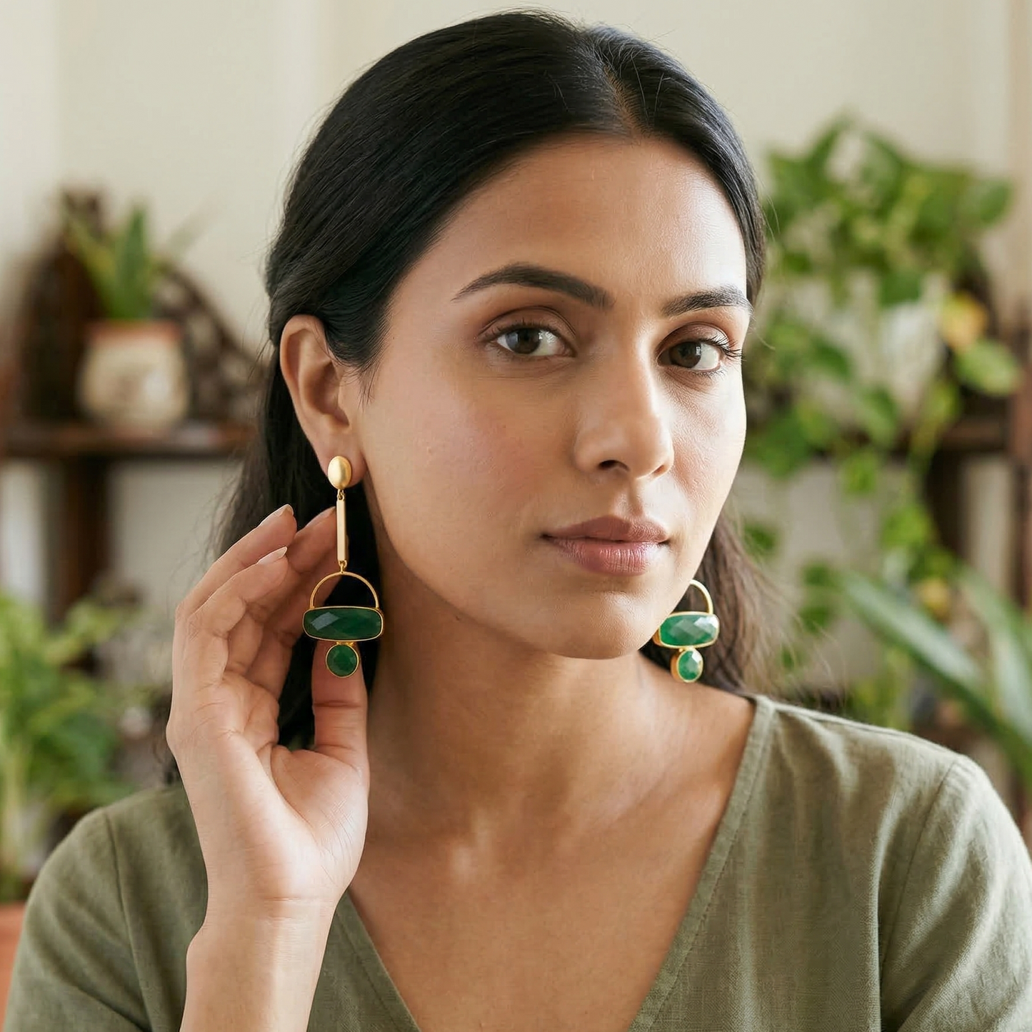 GAVI® Gold Prepossessing Danglers set with Distinctive Emerald Onyx Stones