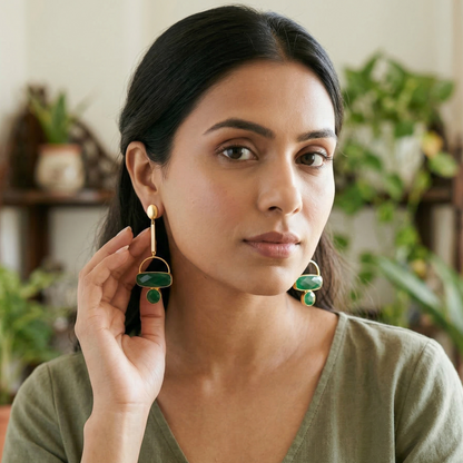 GAVI® Gold Prepossessing Danglers set with Distinctive Emerald Onyx Stones