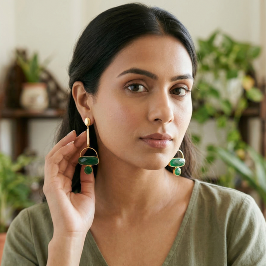 GAVI® Gold Prepossessing Danglers set with Distinctive Emerald Onyx Stones