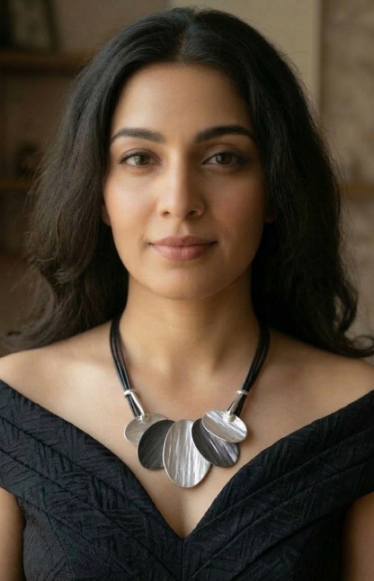 GAVI® Stainless Steel Tribal Á La Mode Necklace with Elliptic Silver Grey Leaves