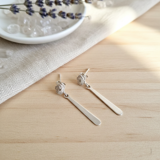 GAVI® Elegant Silver 925 Textured Rose & Sleek Bar Drop Earrings