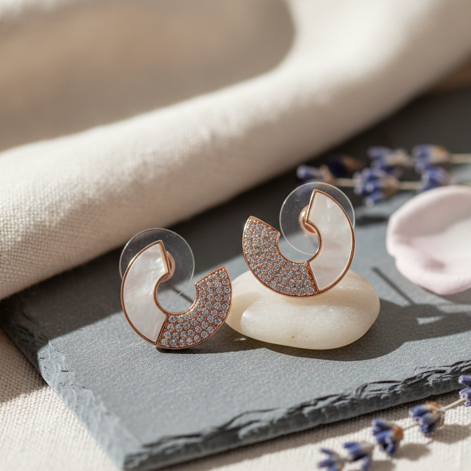 GAVI® Crescent Shape American Diamond and Mother Of Pearl Earrings