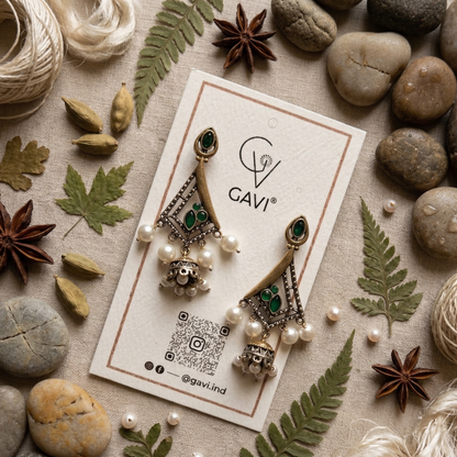 GAVI® Elegant Green Stone Beaded Drop Oxidized Earrings