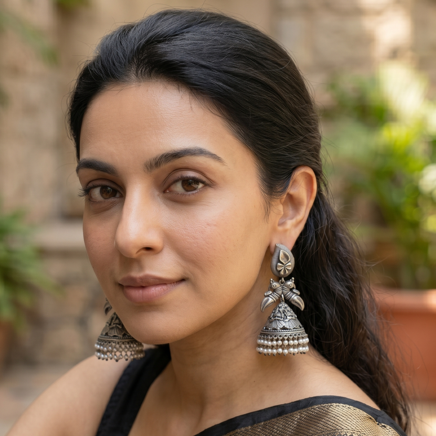 GAVI® 'Pair-Of-Peacocks' Large Oxidized Folk Dance Earrings