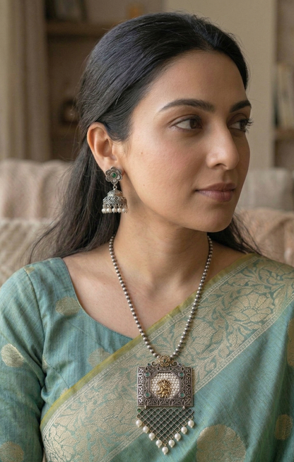 GAVI® Dual Tone Oxidized Necklace with Flower Drop Earrings