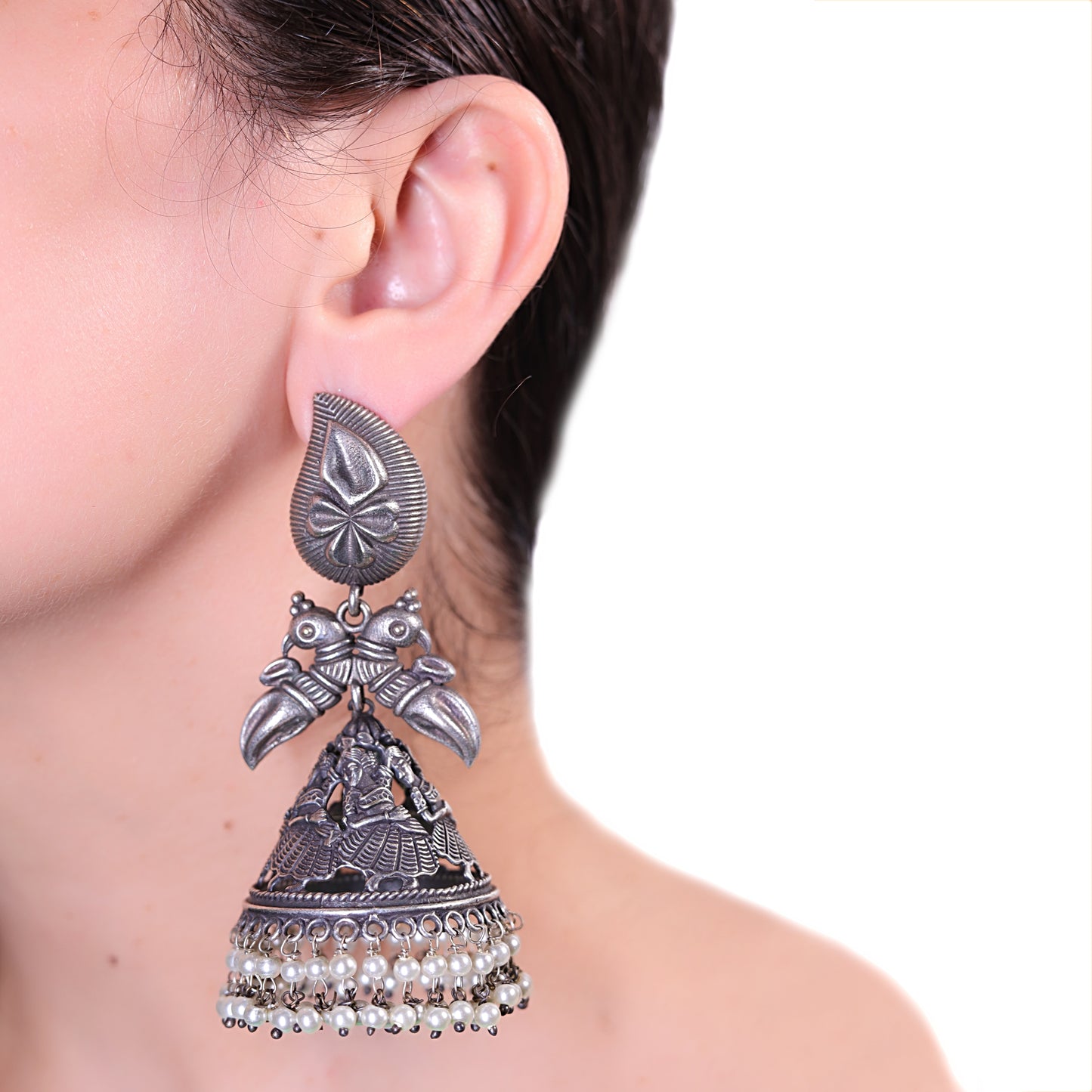 GAVI® 'Pair-Of-Peacocks' Large Oxidised Folk Dance Earrings.