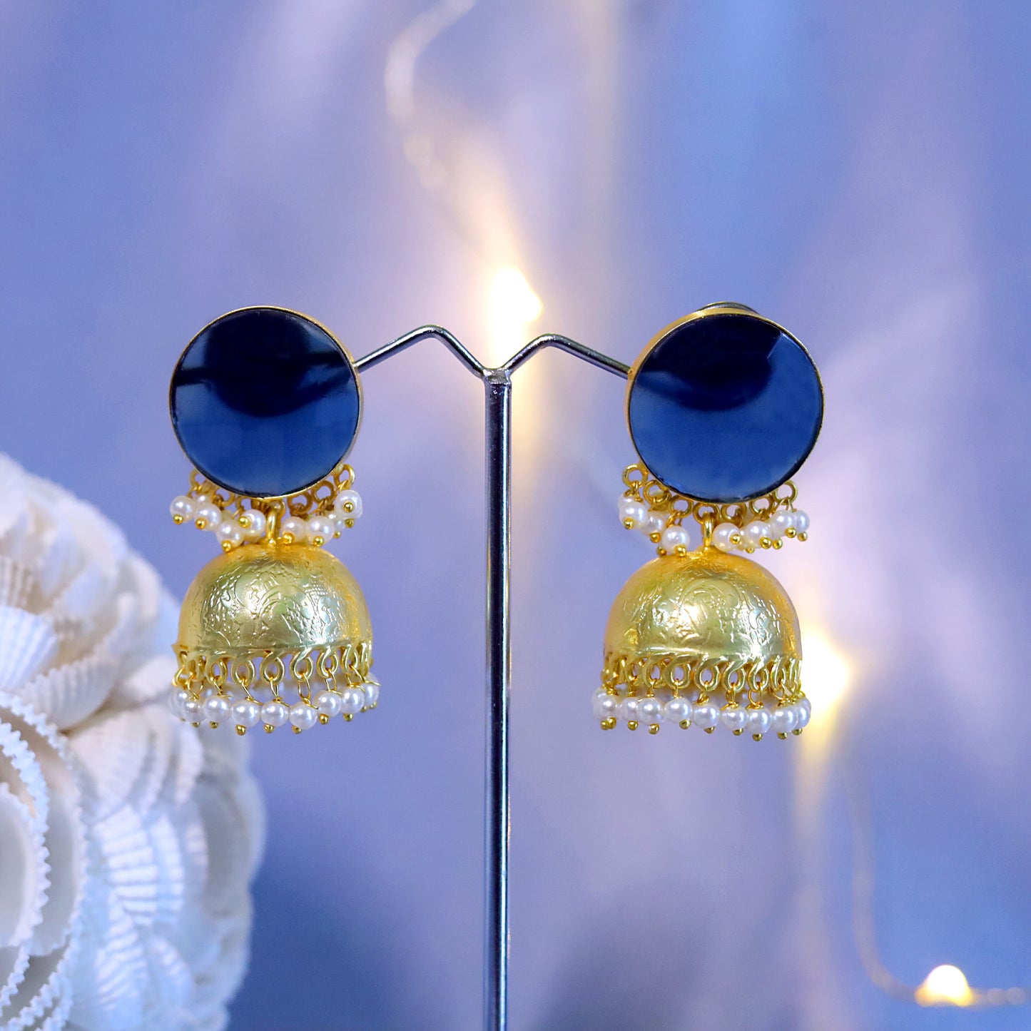 GAVI® Blue Onyx Stone Bold Kissed- By- Fire Gold Jhumkis .