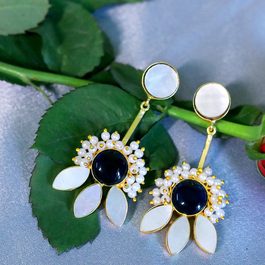 GAVI® 'Broken Flower' Earring With Bright Blue Onyx Carpel and MOP Petals.