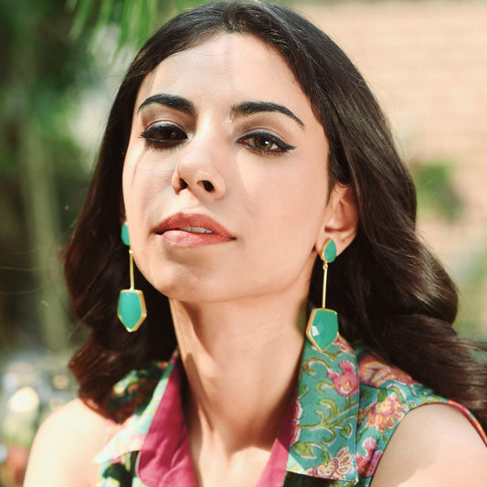 GAVI® Splendid Gold Danglers Set With Ocean-Green Onyx Stones.