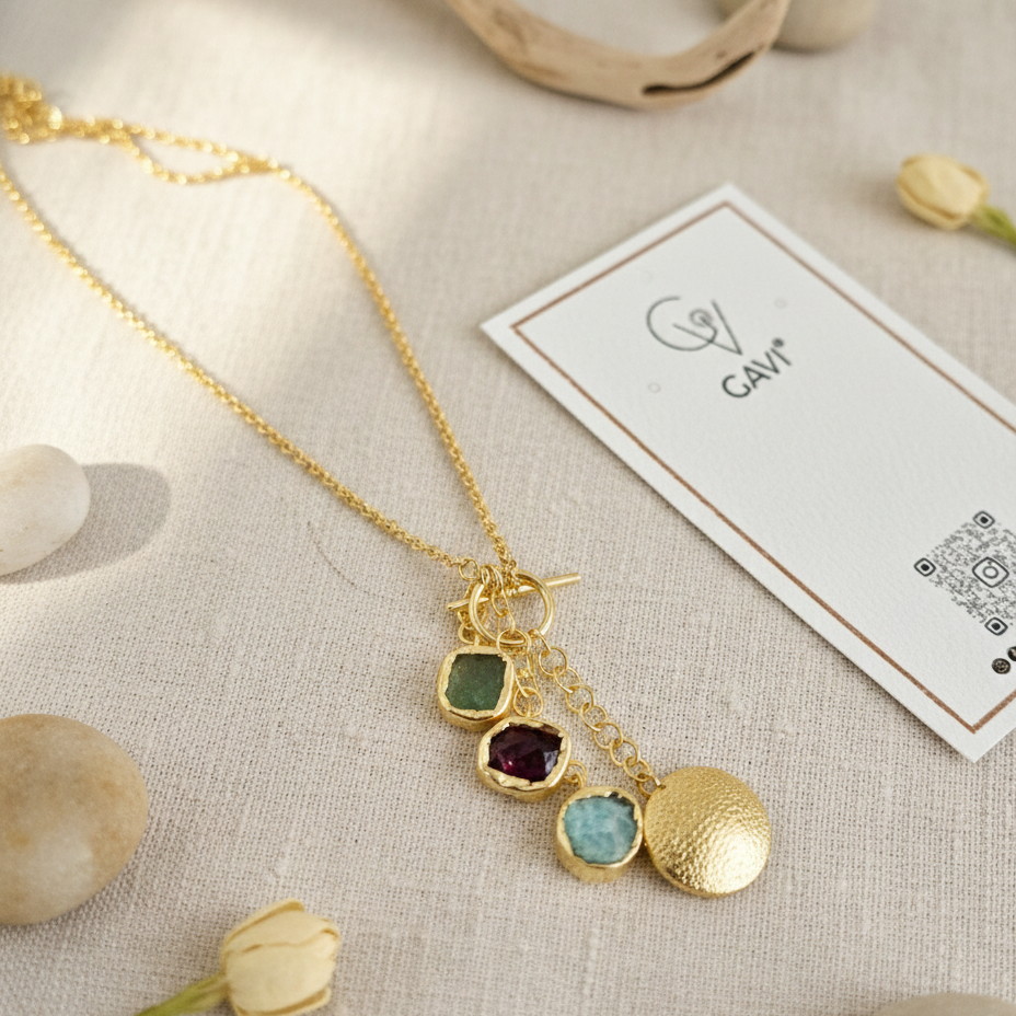 GAVI® Gold-Plated Multi-Color Raw Stone Charm Necklace