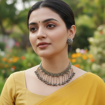GAVI® Oxidized Silver & Gold-Toned Ghungroo Choker Set with Matching Studs