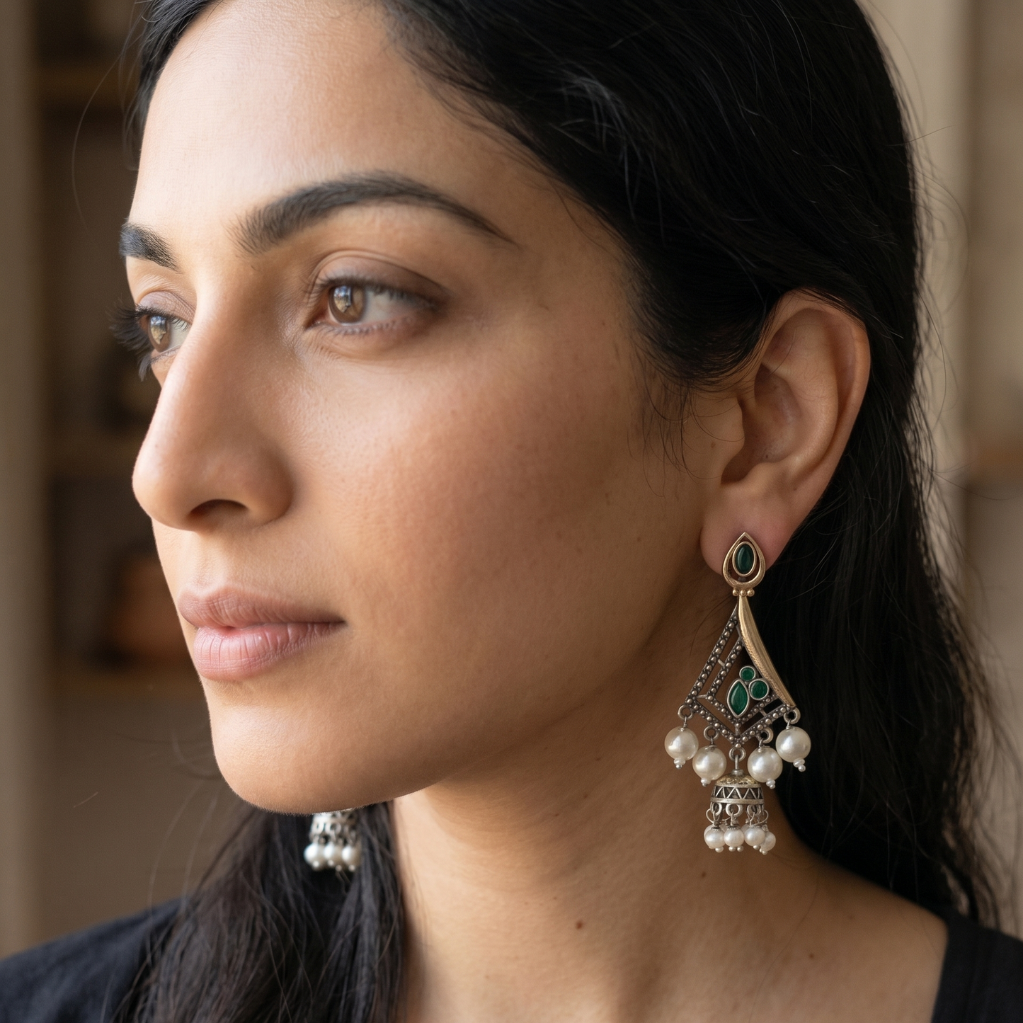 GAVI® Elegant Green Stone Beaded Drop Oxidized Earrings