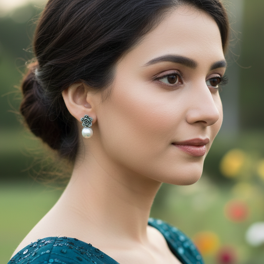 GAVI® Vintage Floral Pearl Drop Earrings in 925 Sterling Silver